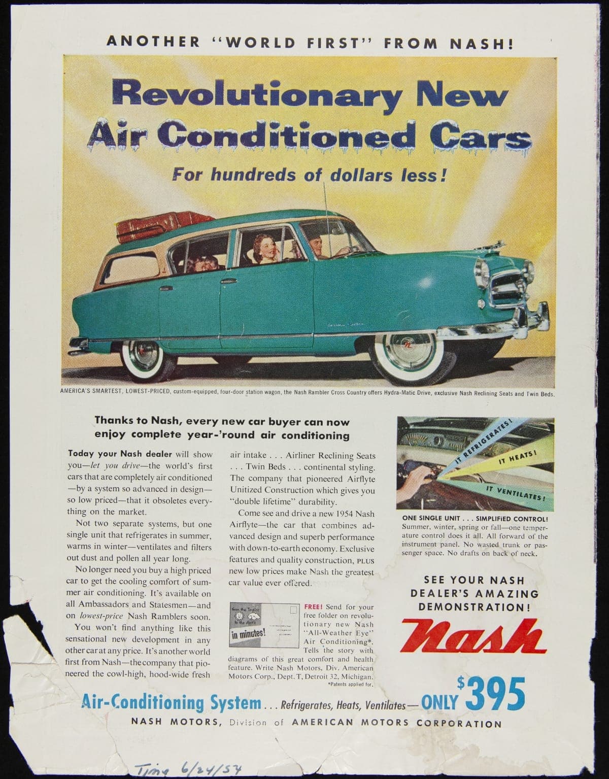 Another "World First" from Nash! Revolutionary New Air Conditioned Cars for Hundreds of Dollars Less!, June 24, 1954