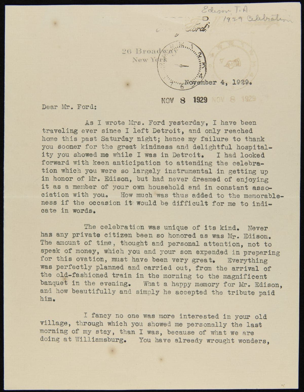 Letter from John D. Rockefeller, Jr. Thanking Henry Ford for the Invitation to Light's Golden Jubilee, November 4, 1929