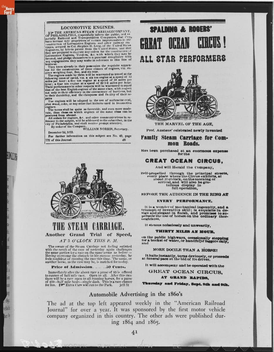 Advertisement for the Sylvester Roper Steam Car, from the Grand Rapids Eagle, September 8-9, 1864