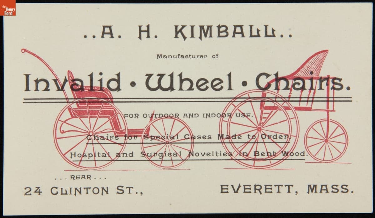 Trade Card for A. H. Kimball, Manufacturer of Invalid Wheel Chairs, circa 1900