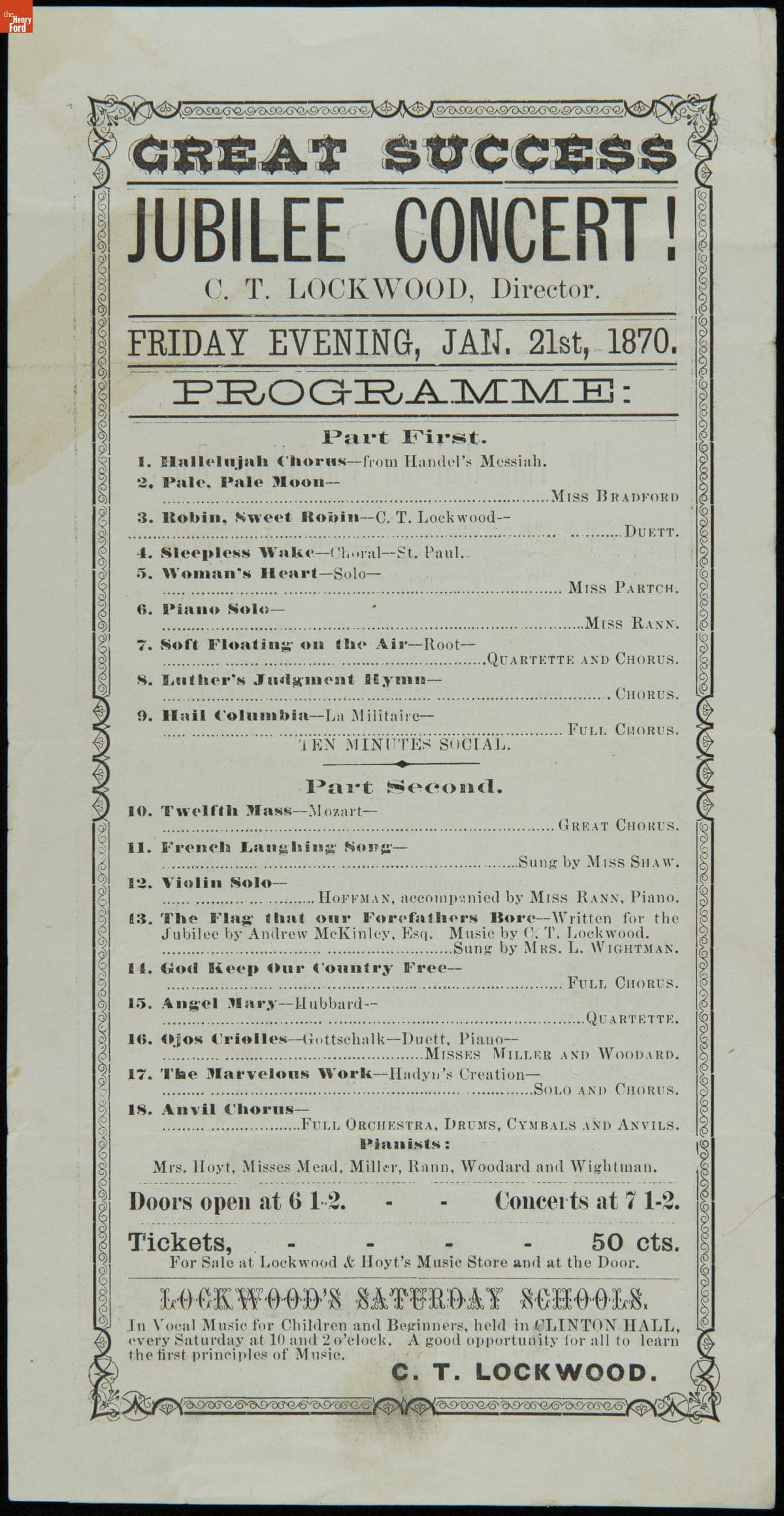 Program, "Jubilee Concert," Pontiac, Michigan, January 21, 1870