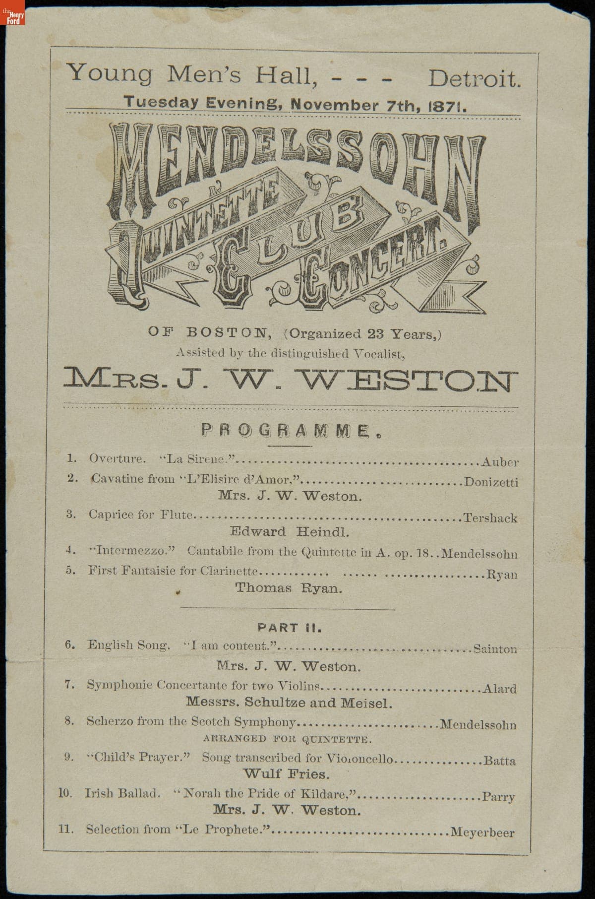 Program, "Mendelssohn Quintette Club Concert," Young Men's Hall, Detroit, Michigan, November 7, 1871