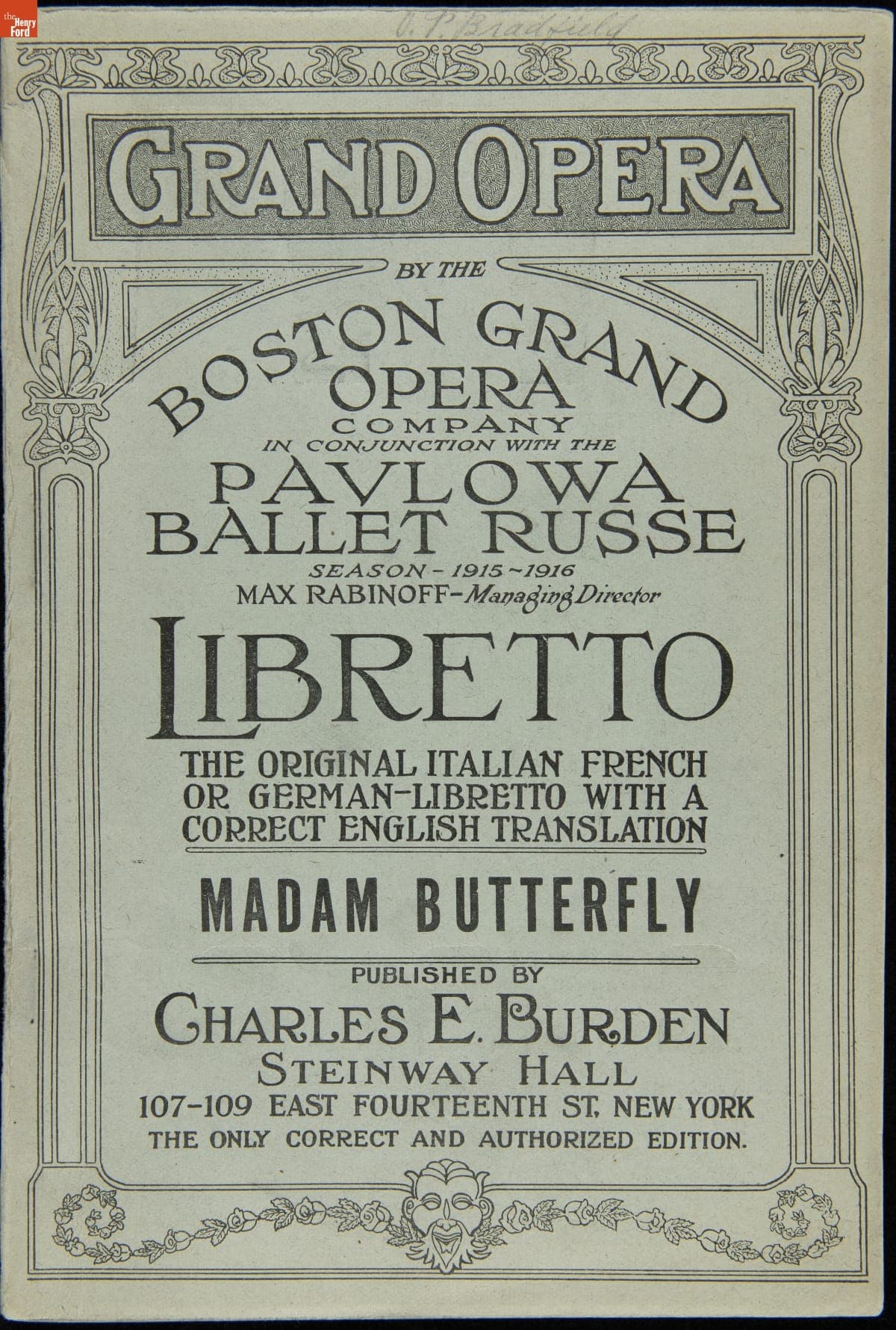 Madam Butterfly: A Japanese Tragedy, Italian Libretto, 1915-1916