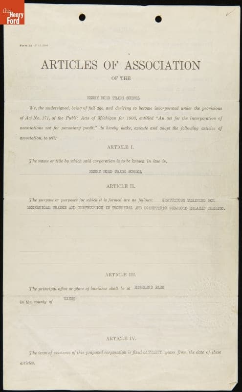 Articles of Association for Henry Ford Trade School, August 30, 1916