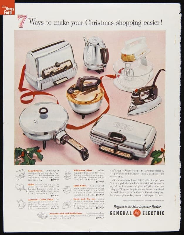 General Electric Appliances Advertisement, circa 1959, "7 Ways to Make Your Christmas Shopping Easier"