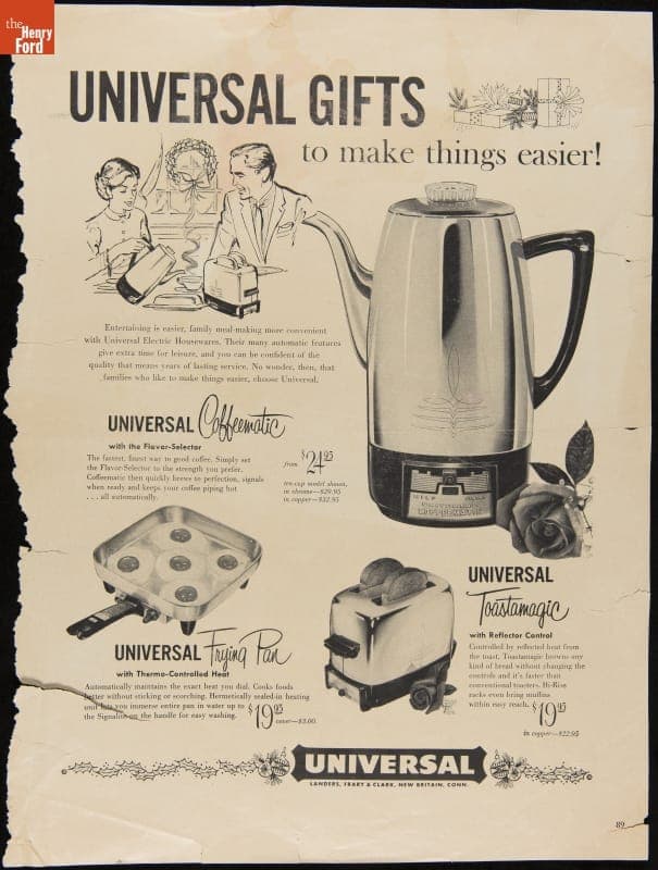 Universal Appliances Advertisement, circa 1956, "Universal Gifts to Make Things Easier"
