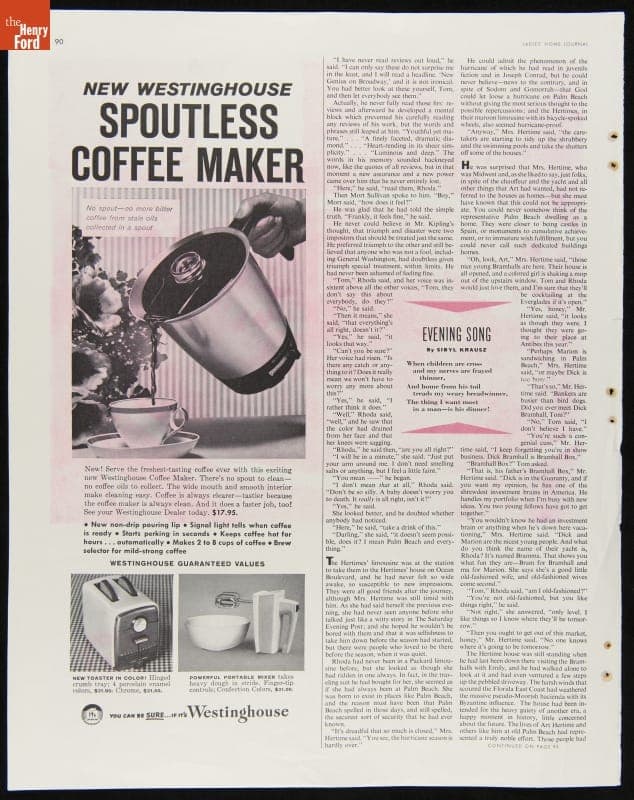 Westinghouse Advertisement, 1958, "New Westinghouse Spoutless Coffee Maker"