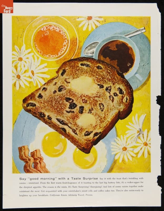California Raisin Advisory Board Advertisement, circa 1985, "Say Good Morning with a Taste Surprise"