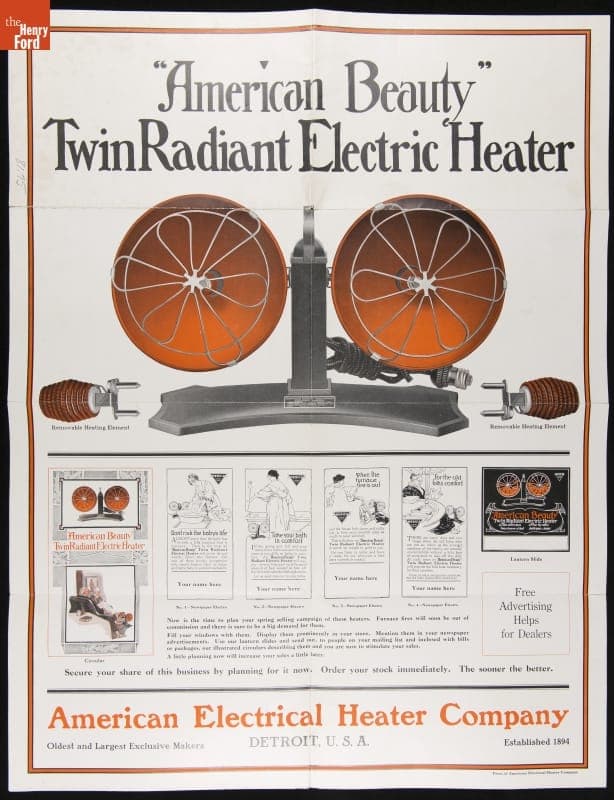 American Electrical Heating Company Advertising Broadside, "American Beauty Twin Radiant Electric Heater," circa 1925