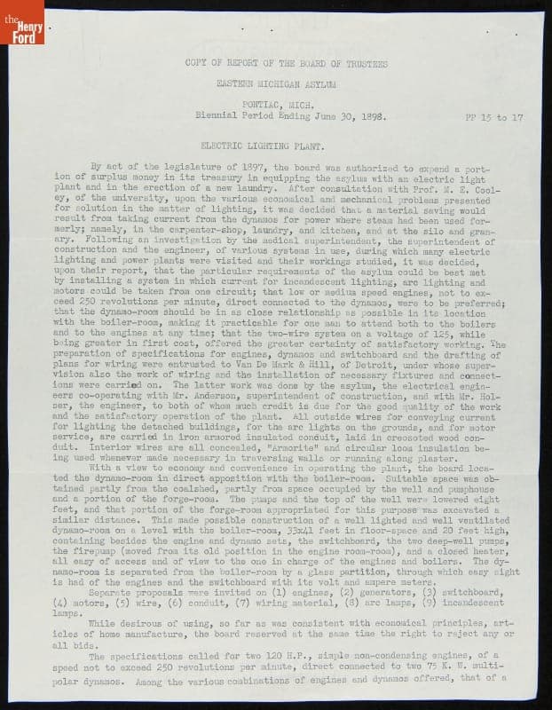 "Copy of Report of the Board of Trustees, Eastern Michigan Asylum, Pontiac, Mich., Electric Lighting Plant," 1898