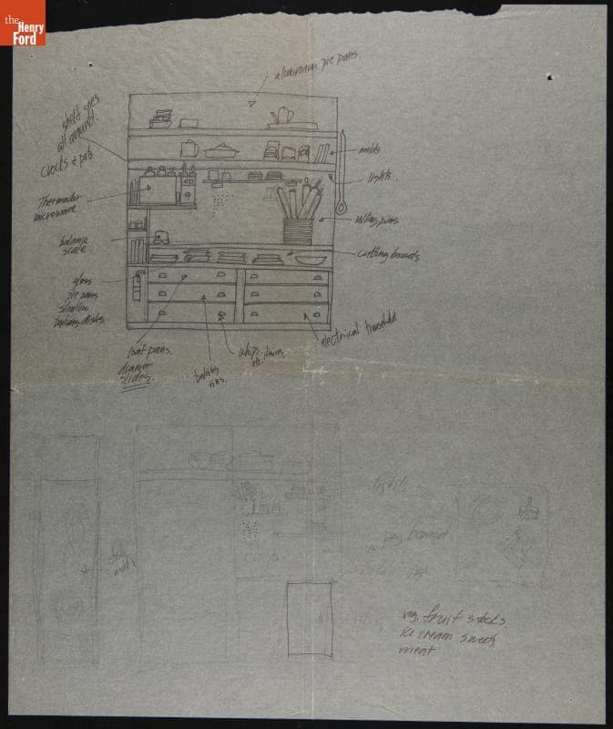 Cabinets in Julia Child's Kitchen, Ink and Pencil Sketch by Jean Beirise, 1977