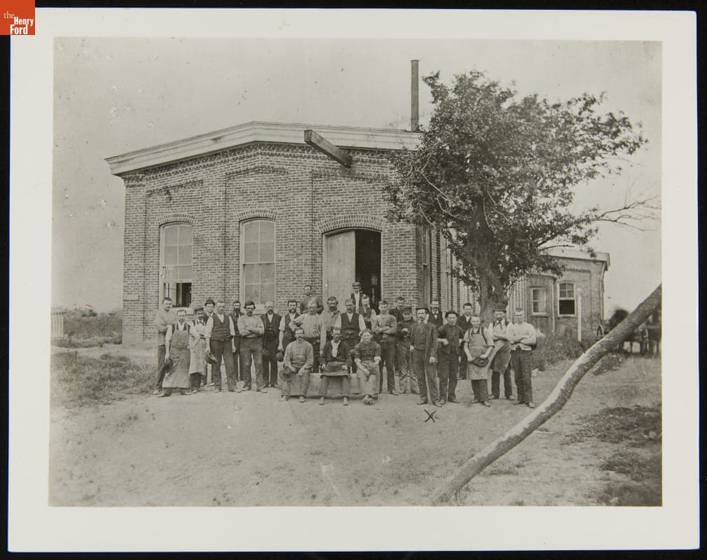 Thomas Logan and Other Employees outside Thomas Edison's Menlo Park Laboratory Machine Shop, 1877-1881