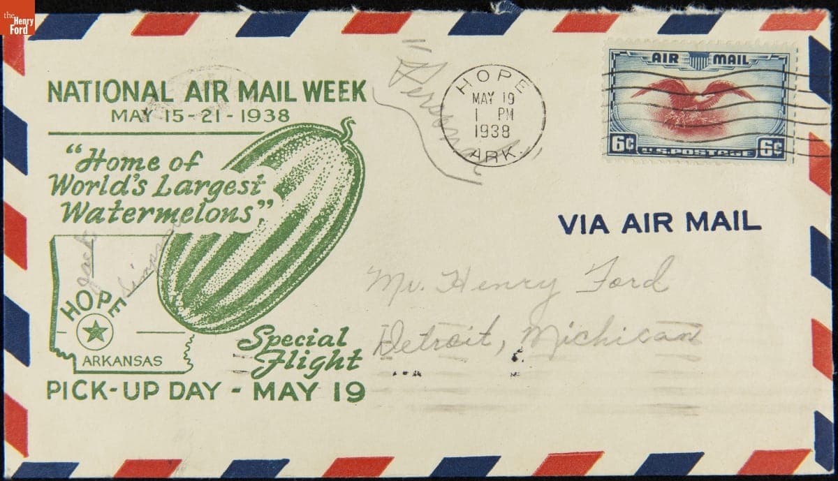 Envelope Sent by Air Mail to Henry Ford from Hope, Arkansas for National Air Mail Week, May 1938