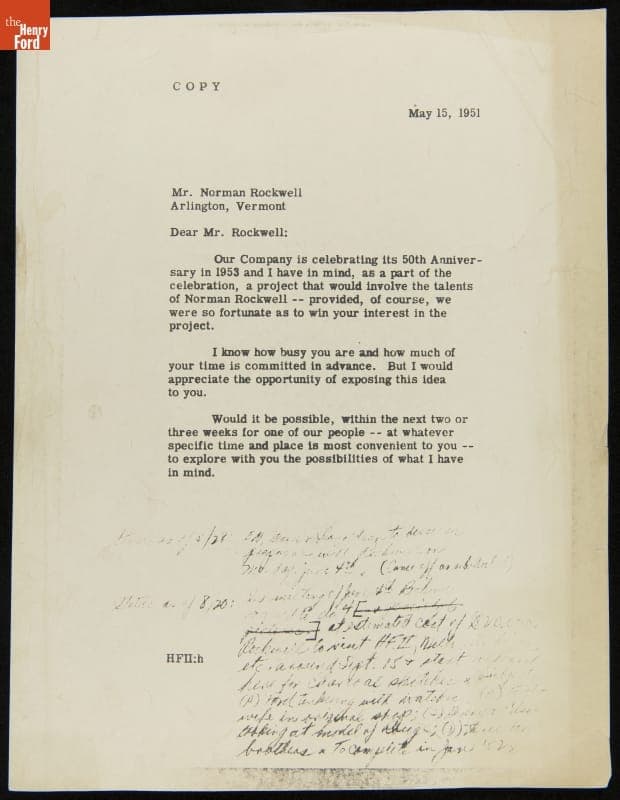 Letter to Norman Rockwell from Henry Ford II in May 1951, regarding a Commission for Ford Motor Company's 50th Anniversary