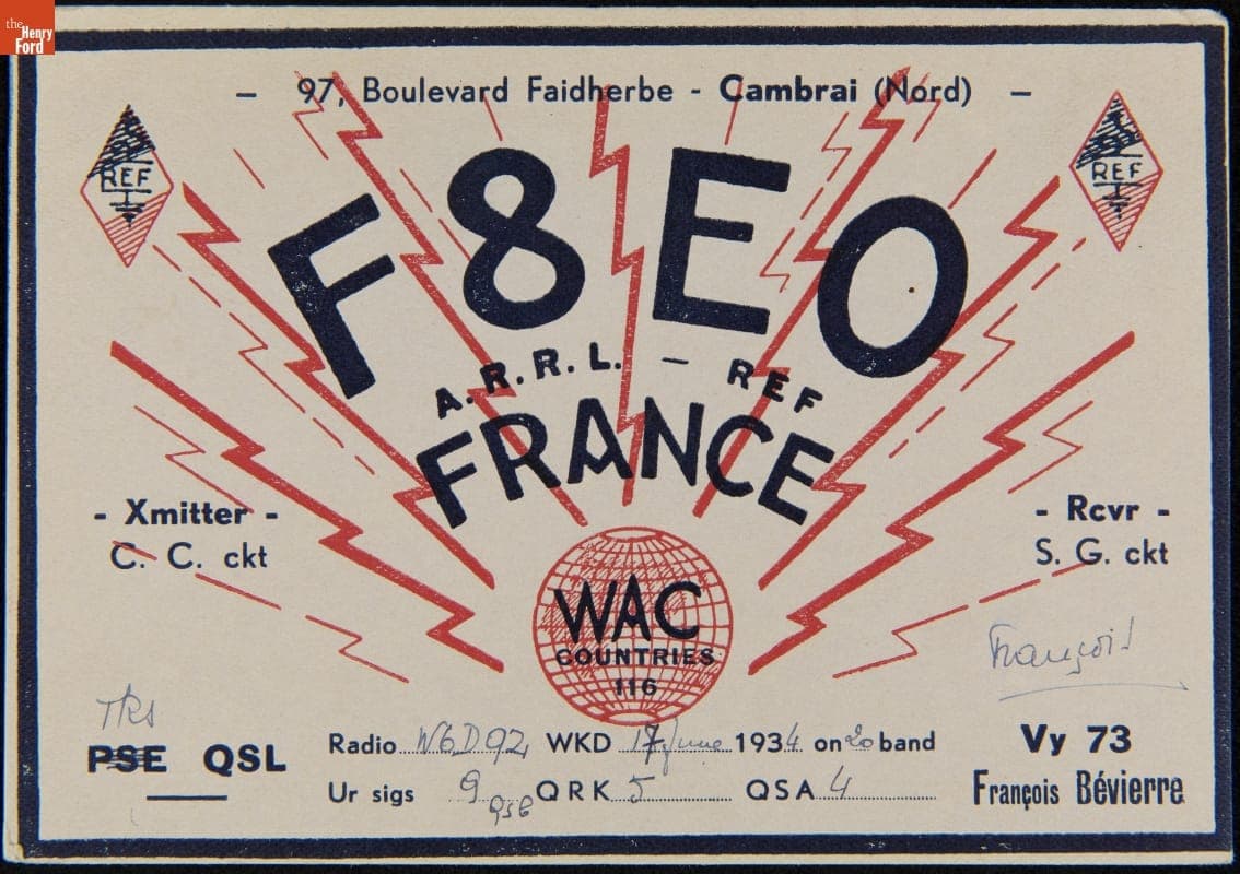 QSL Card from F8EO (Francois Bevierre, Cambrai, France) to W6DQZ (Hamid Durmisevich, Los Angeles, California), June 17, 1934