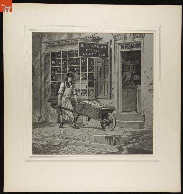 "Franklin Acting as His Own Porter When in Business," Drawing for Magic Lantern Slide, 1902-1903