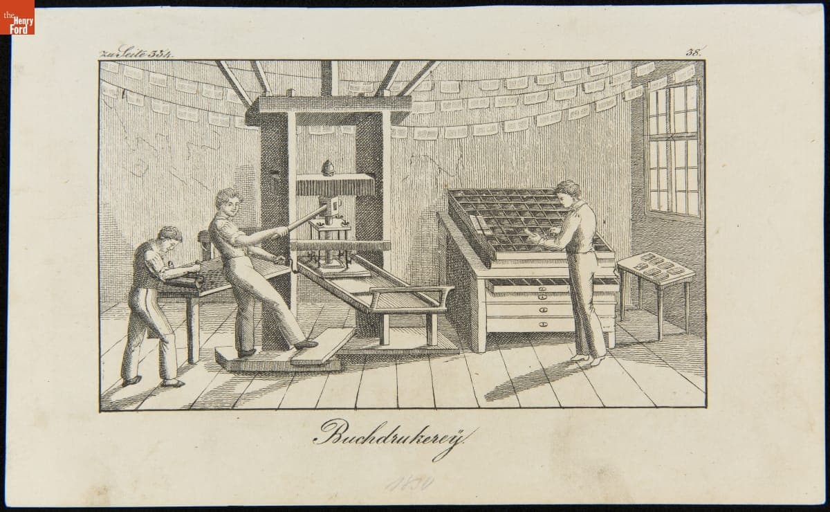 Men Working in a Book Printing Shop, "Buchdrukerey," circa 1830
