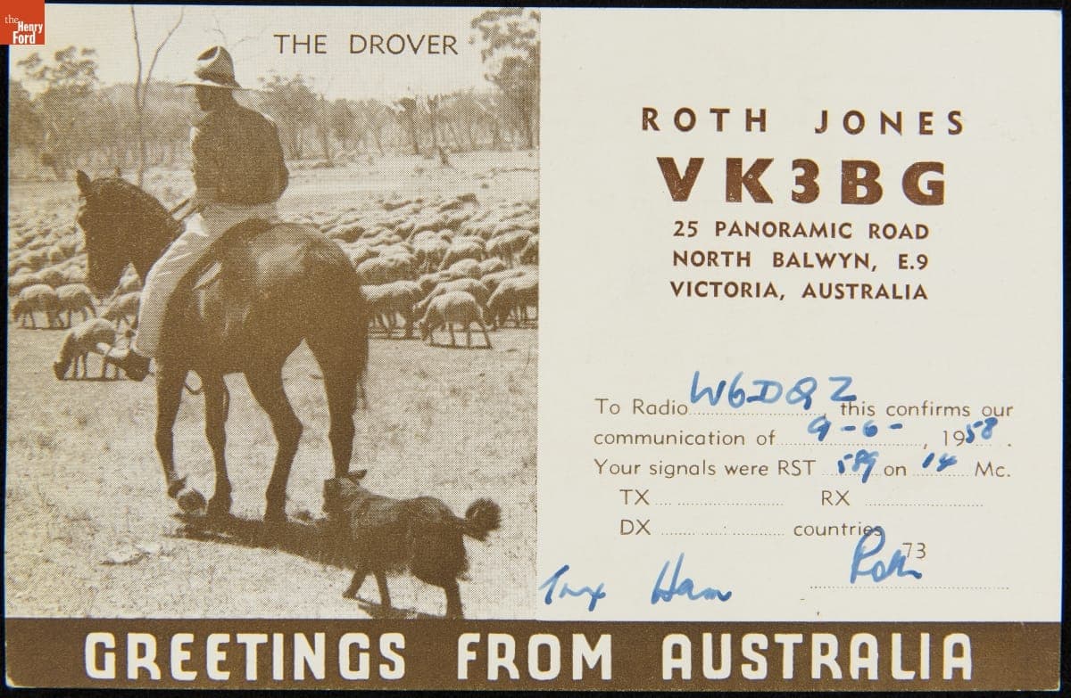 QSL Card from VK3BG (Roth Jones, Victoria, Australia) to W6DQZ (Hamid Durmisevich, Los Angeles, California), September 6, 1958