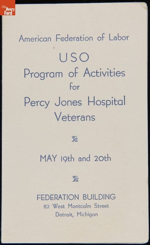 AFL-USO Program of Activites for Percy Jones Hospital Veterans, May 1945