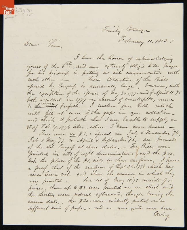 Letter from Charles J. Hoadly to Joshua I. Cohen, February 11, 1852