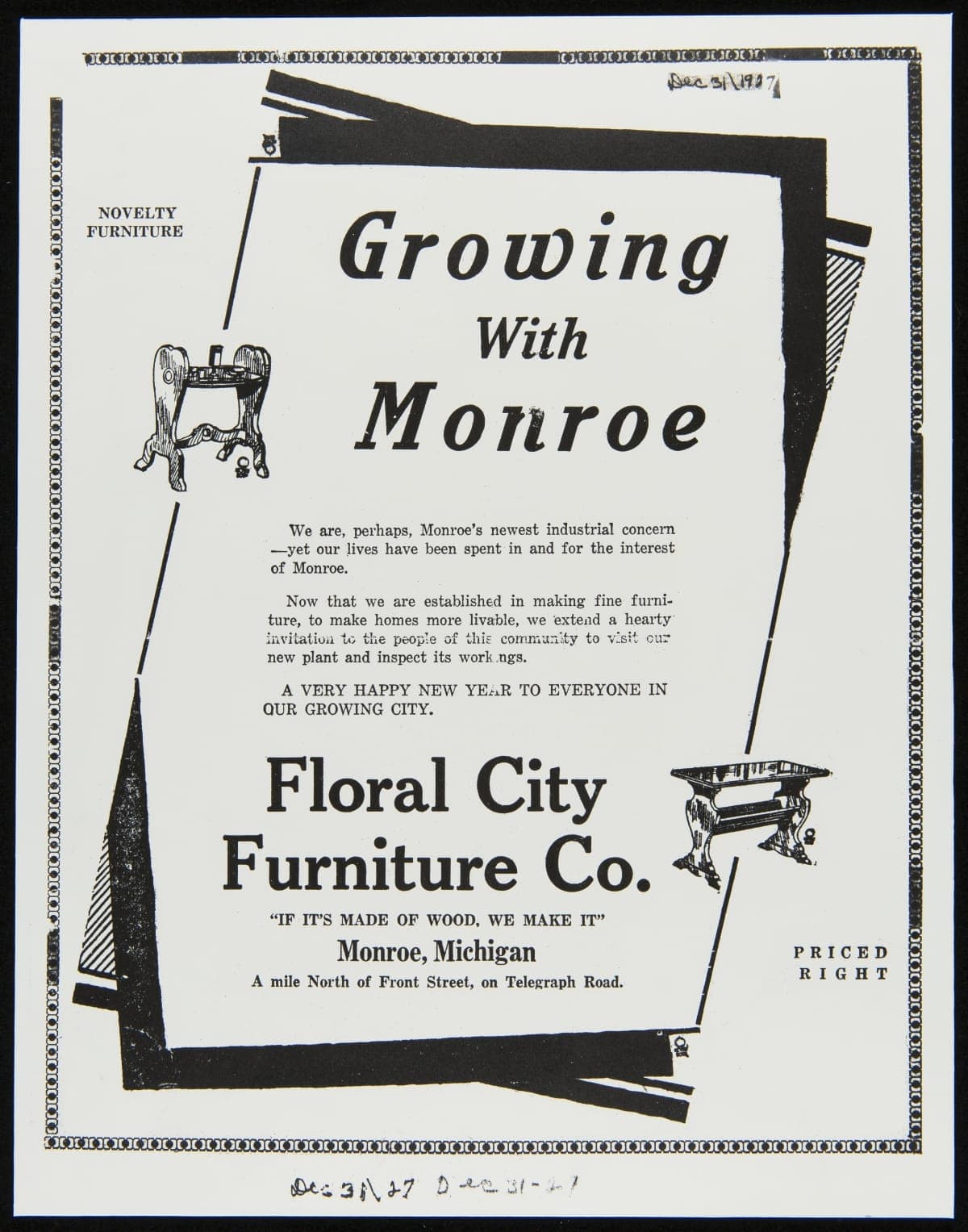 Floral City Furniture Advertisement, "Growing with Monroe," December 31, 1927