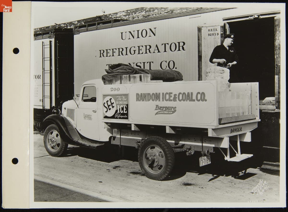 Ford V-8 Ice Truck Loading Ice in Refrigerated Railroad Car, June 1936