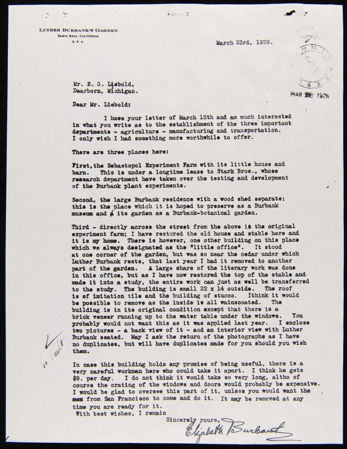 Letter from Elizabeth Burbank to E.G. Liebold regarding Donation of the "Little Office," March 23, 1928