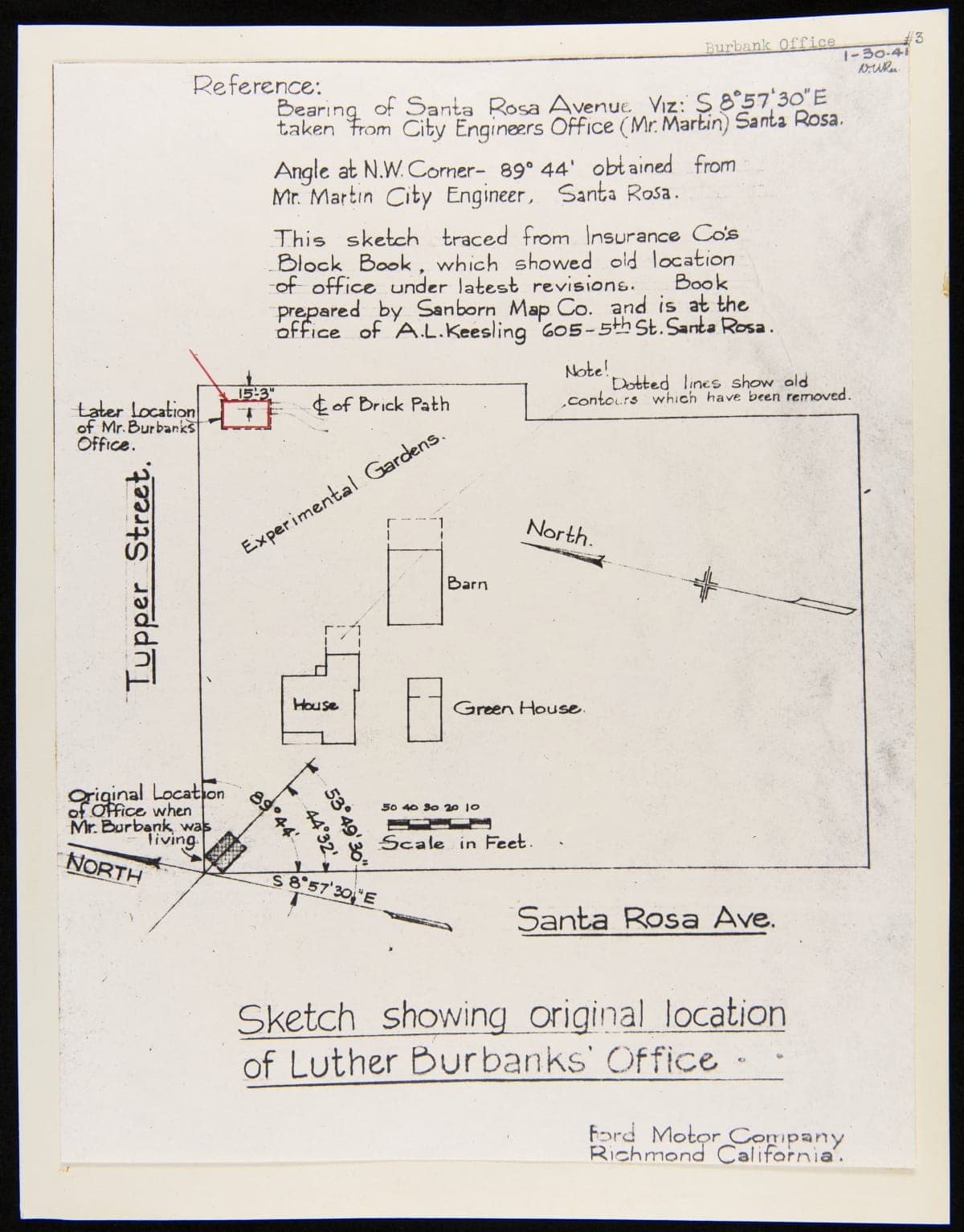 Sketch Showing Original Location of Luther Burbank Garden Office, Santa Rosa, California, January 30, 1941