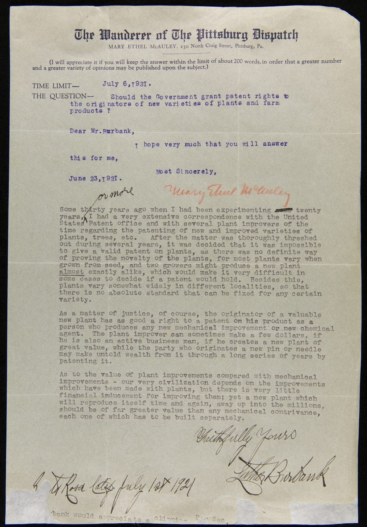 Letter from Luther Burbank to Mary Ethel McAuley of the Pittsburgh Dispatch, July 1, 1921