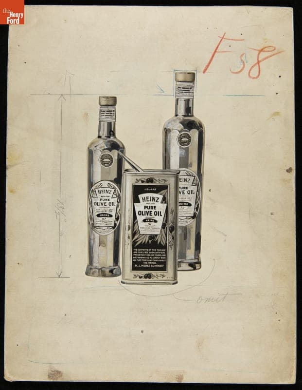 Drawing of Heinz Olive Oil Containers, circa 1925