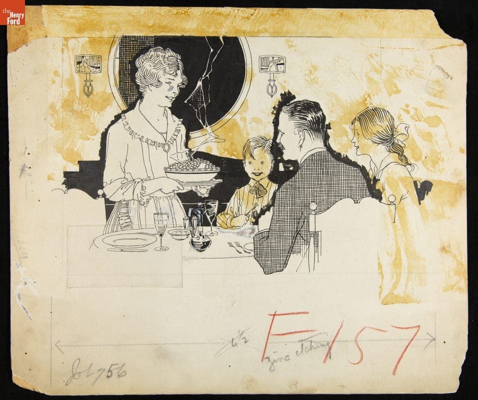 Drawing of a Woman Serving Heinz Baked Beans to Her Family, circa 1920