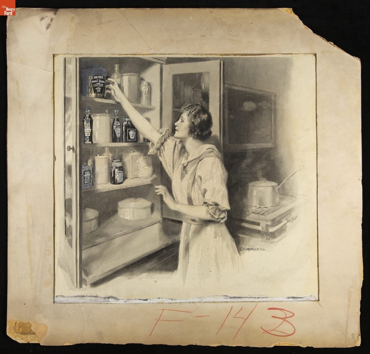 Advertising Layout Illustration of a Woman in a Kitchen Choosing from a Variety of Heinz Products, 1920