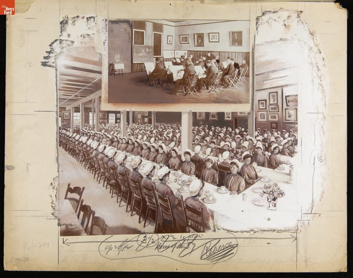 Advertising Layout Photograph Showing Heinz Employee Dining Room and Drafting Class, circa 1910