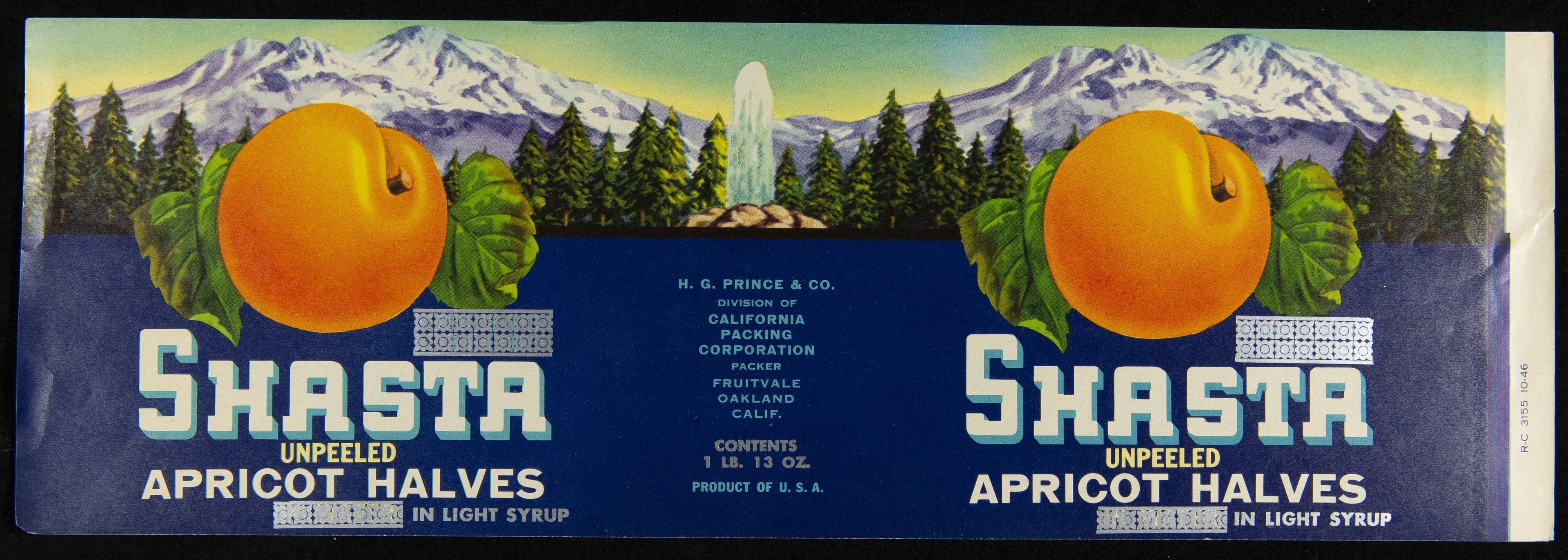 Can Label, "Shasta Brand Unpeeled Apricot Halves," 1928-1940