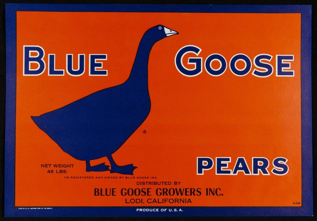 Crate Label, "Blue Goose Brand Pears," 1940-1950