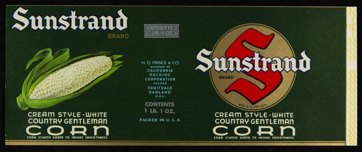 Can Label, "Sunstrand Brand Cream-Style White Corn," circa 1920