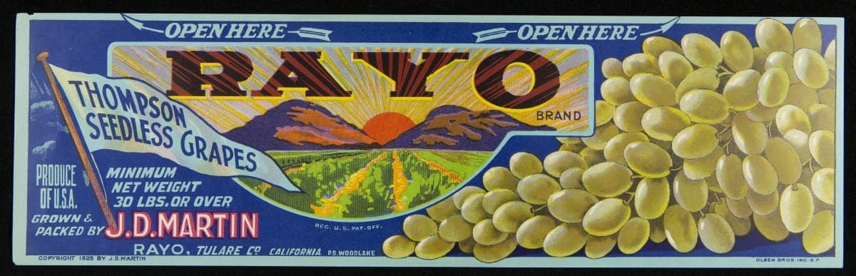 Crate Label, "Rayo Brand Thompson Seedless Grapes," 1925