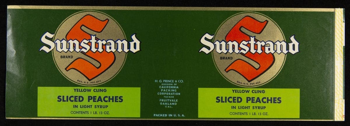 Can Label, "Sunstrand Brand Sliced Peaches," circa 1920