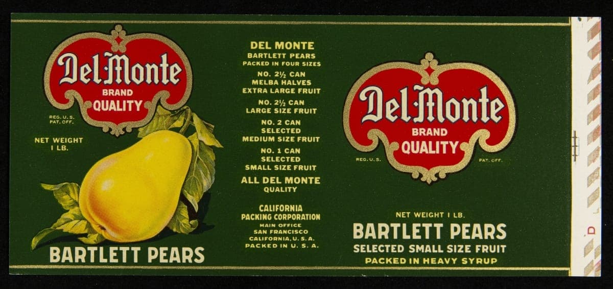 Can Label, "Del Monte Brand Bartlett Pears," circa 1930