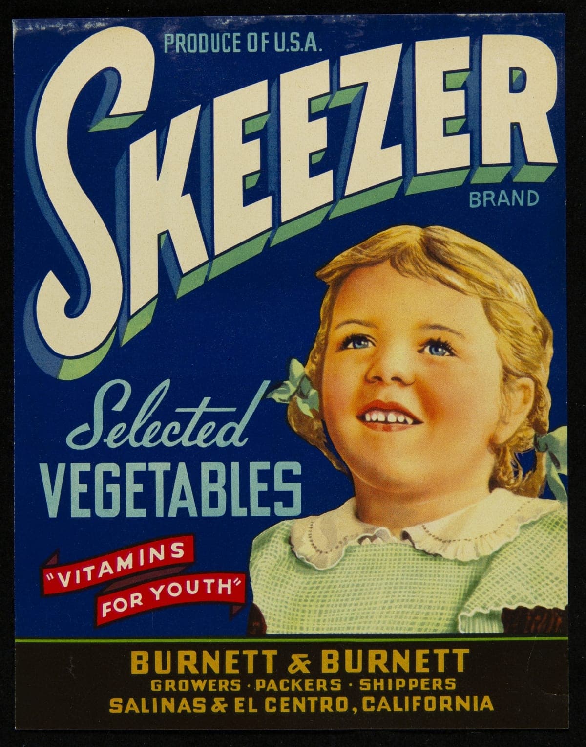 Label, "Skeezer Brand Selected Vegetables," circa 1940