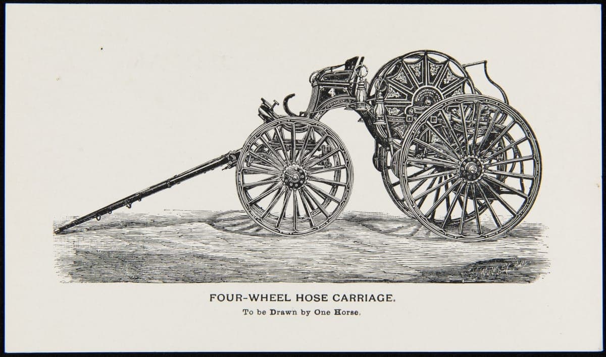 "Four-Wheel Hose Carriage to be Drawn by One Horse," Postcard from The Old Fire Engine Shop, 1955-1965