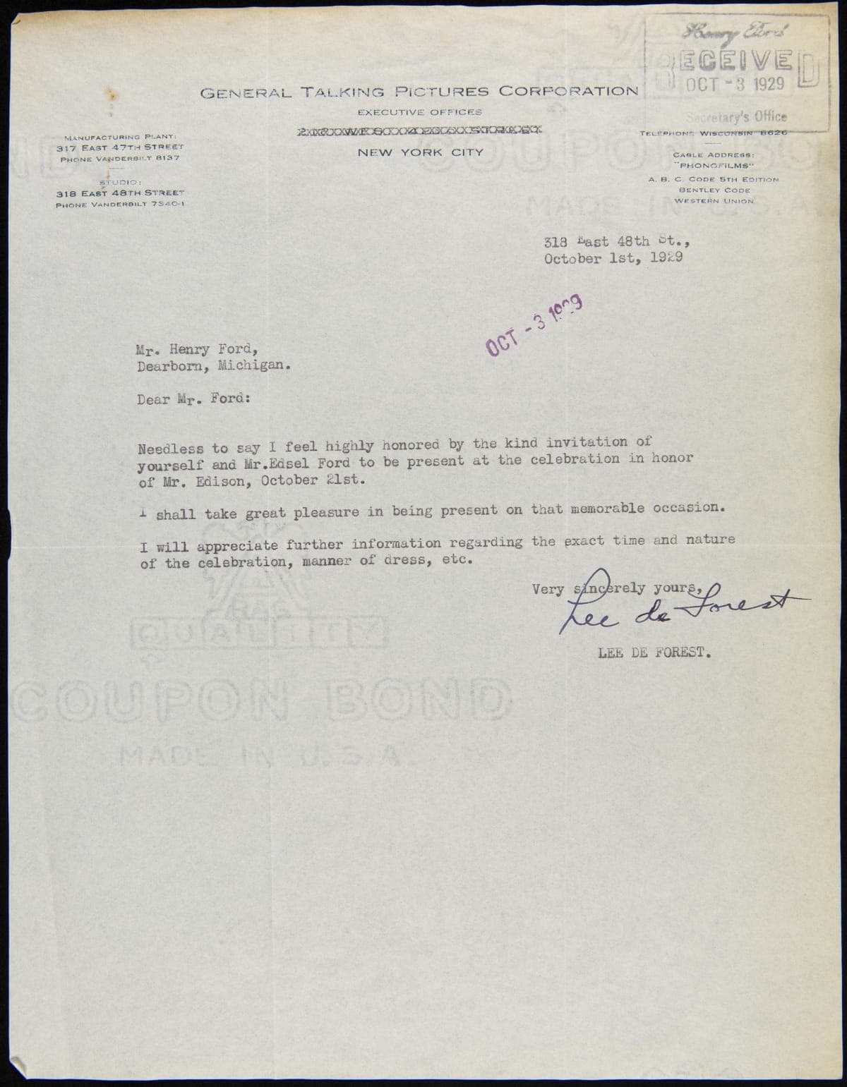 Letter from Lee de Forest to Henry Ford regarding Invitation to Light's Golden Jubilee, October 1, 1929