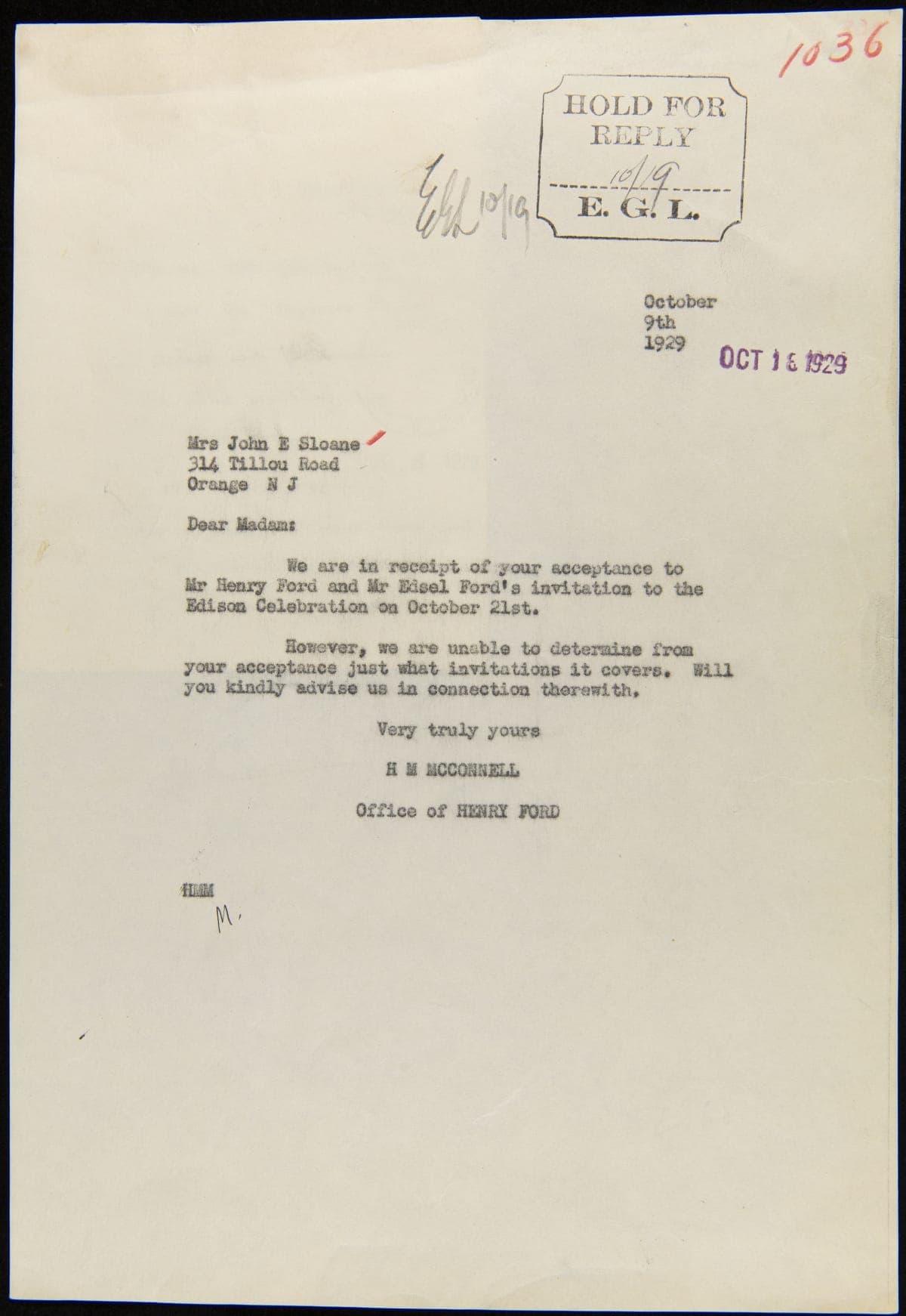 Letter from the Office of Henry Ford to Mrs. John E. Sloane, October 9, 1929