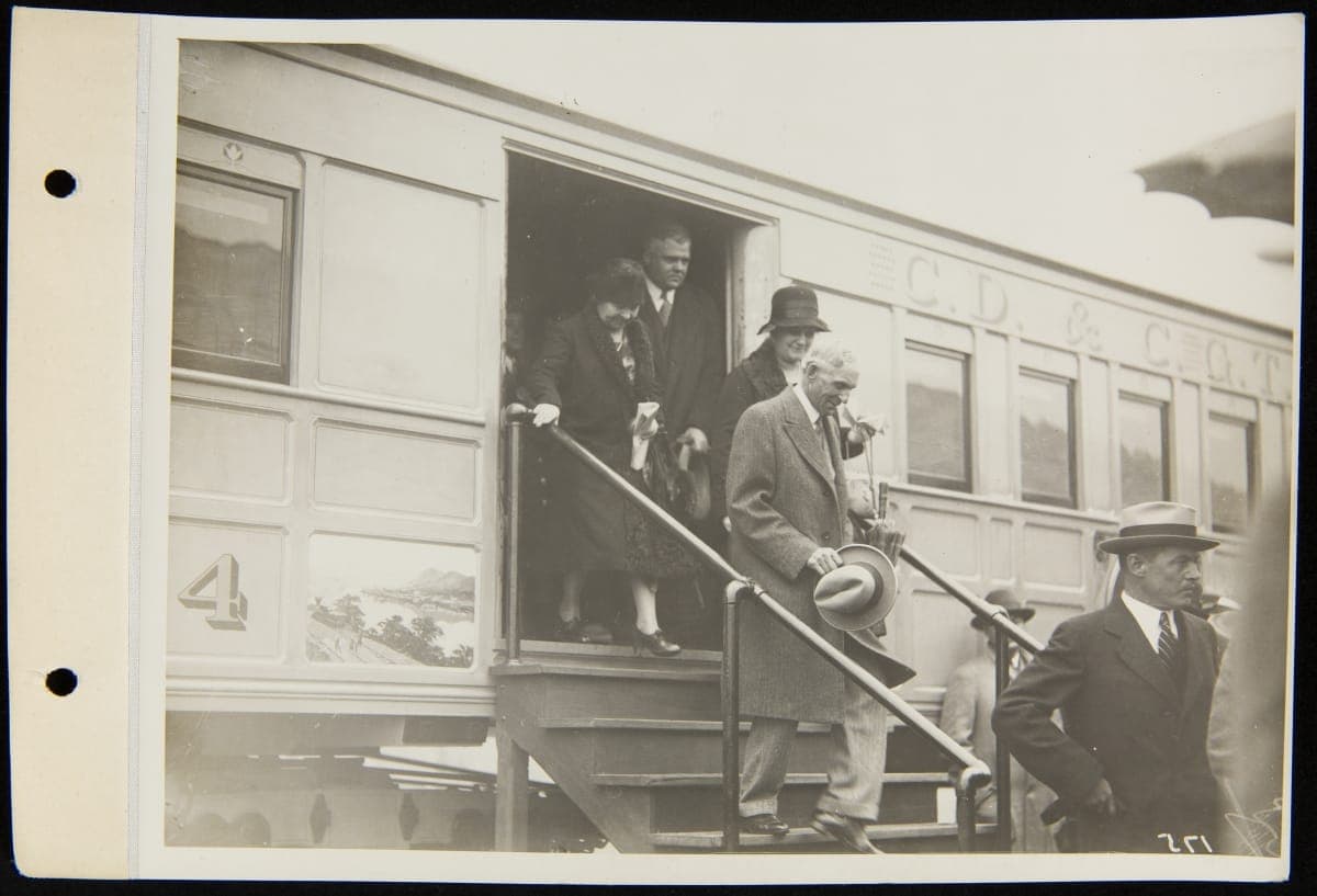Clara Bryant Ford, Mina Edison, and Henry Ford Exit "The President" Locomotive, October 21, 1929