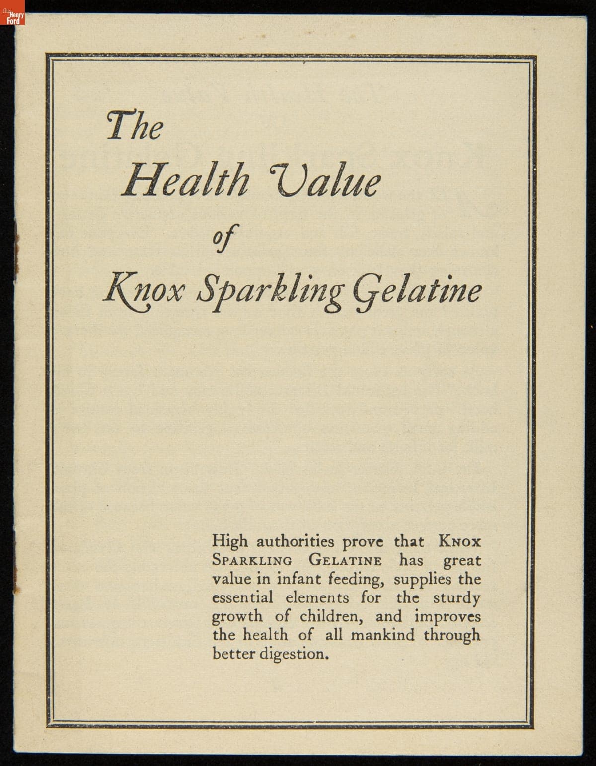 Recipe Booklet,"The Health Value of Knox Sparkling Gelatine," 1924