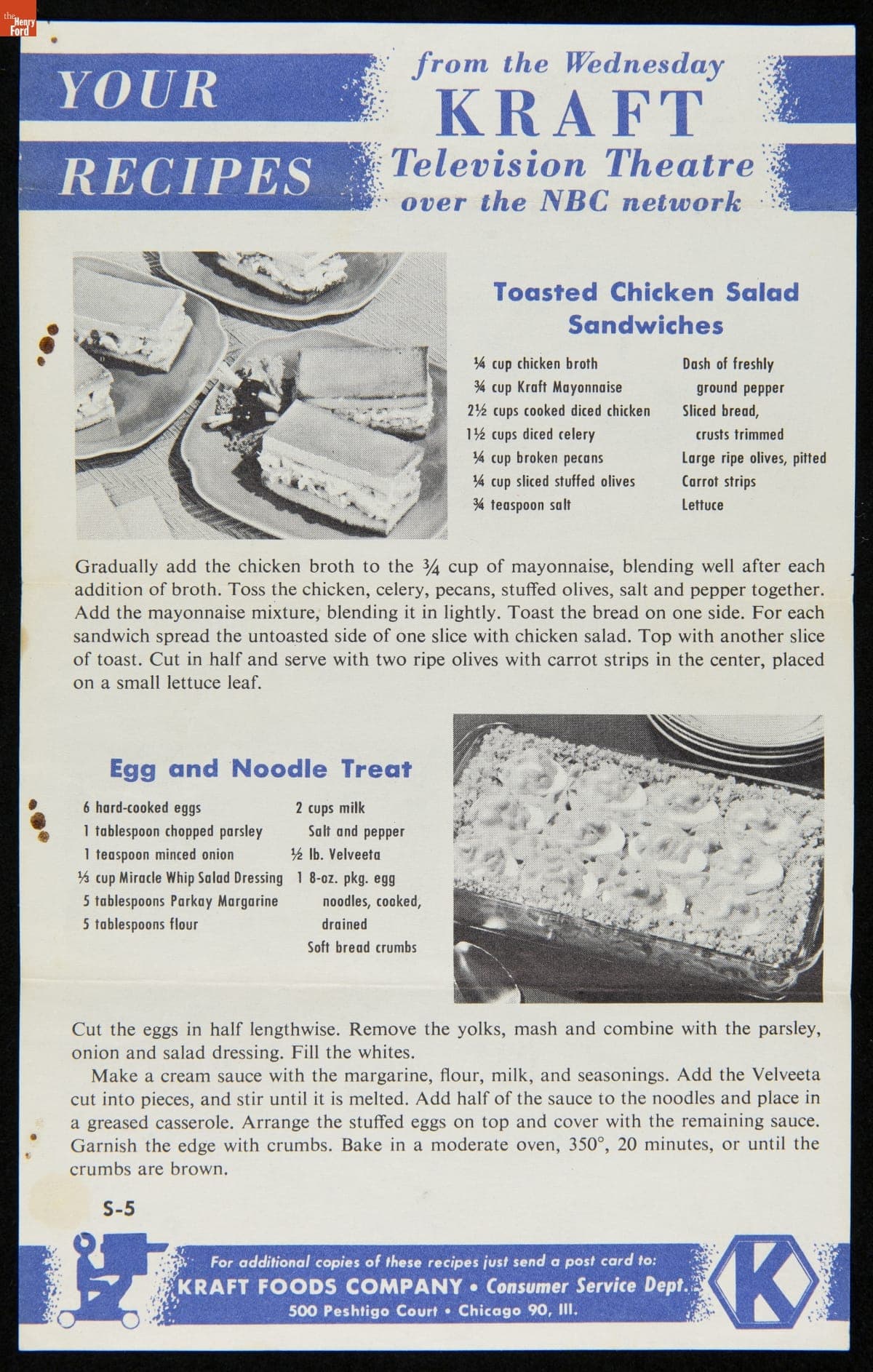 Recipe Flier, "Your Recipes from the Wednesday Kraft Television Theatre over the NBC Network and Thursday Kraft Television Theatre over the ABC Network," circa 1958