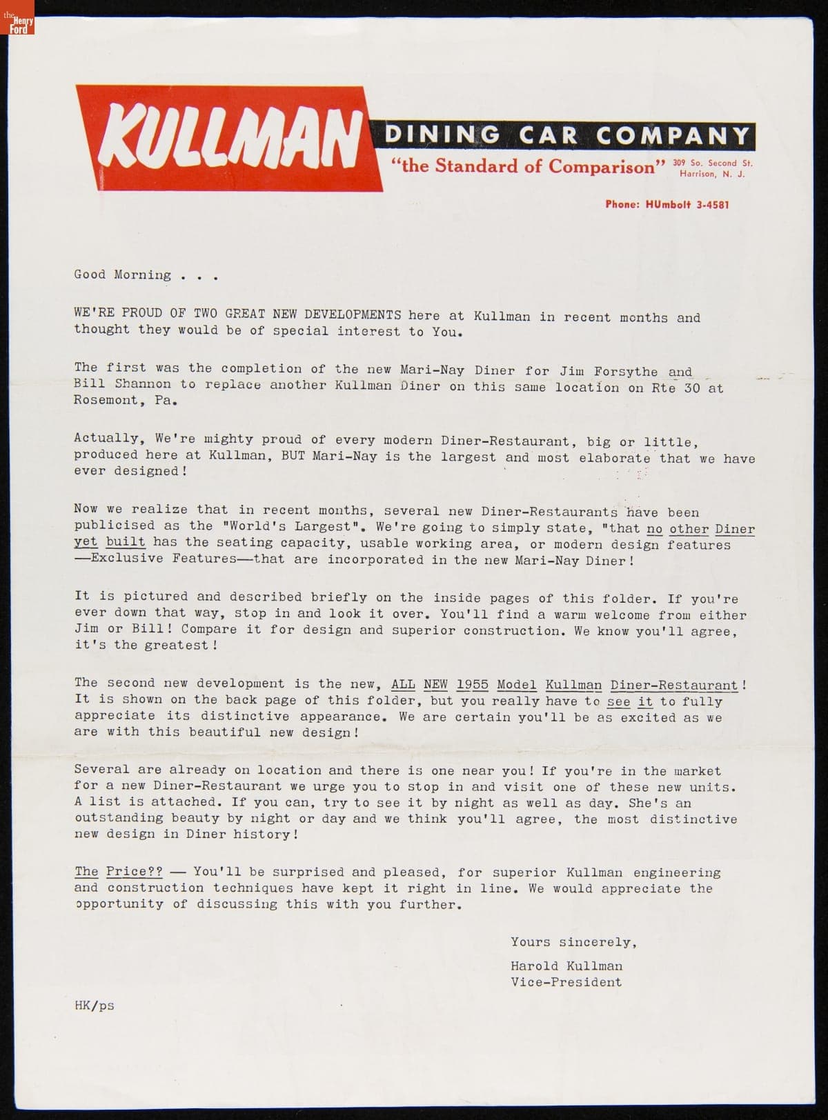 Kullman Dining Car Company Advertising Brochure Announcing the All New 1955 Model Diner