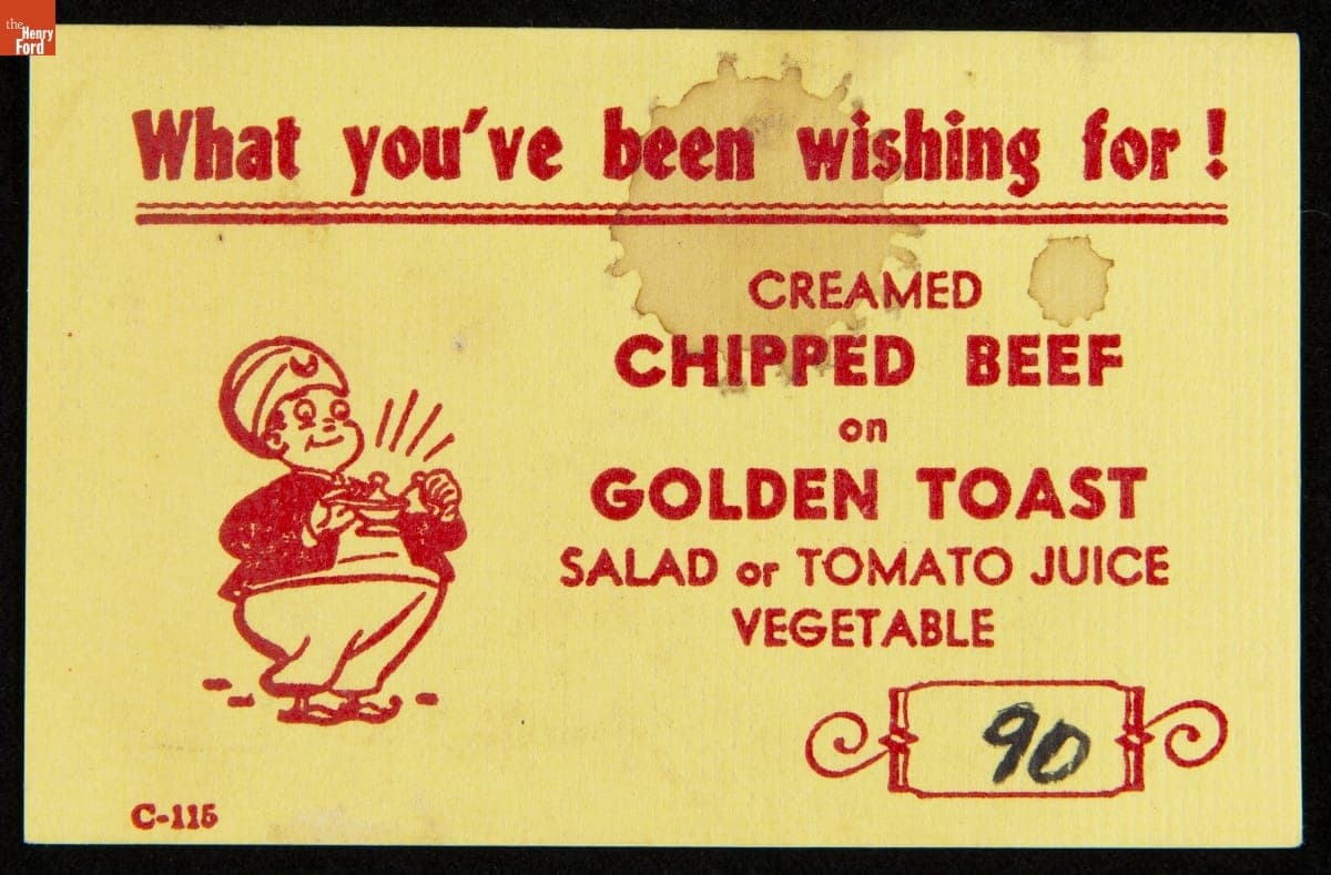 Menu-Insert Card, "What you've been wishing for! Creamed Chipped Beef on Golden Toast," 1950-1970