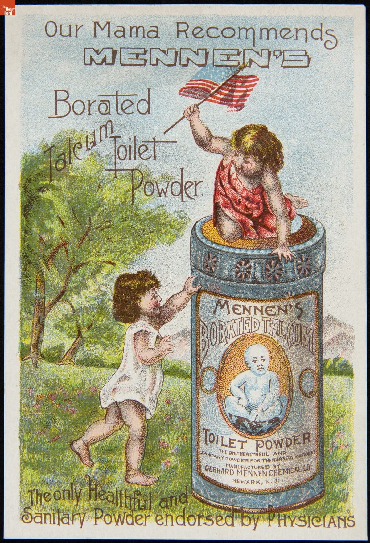 Trade Card for the G. Mennen Chemical Company, "Our Mama Recommends Mennen's Borated Talcum Toilet Powder," 1880-1900