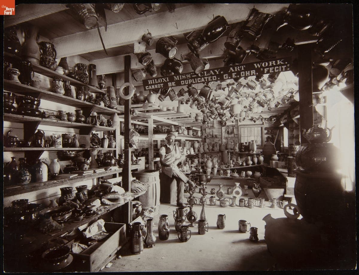George E. Ohr inside Biloxi Art Pottery Unlimited, Biloxi, Mississippi, circa 1901